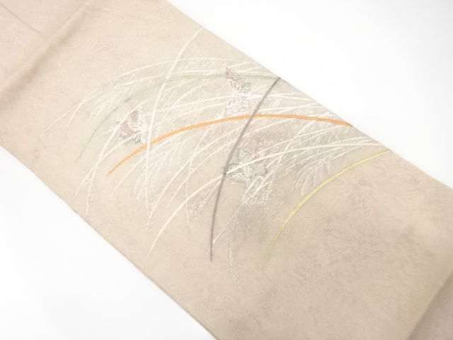 絽　芒に蝶模様織り出し　名古屋帯